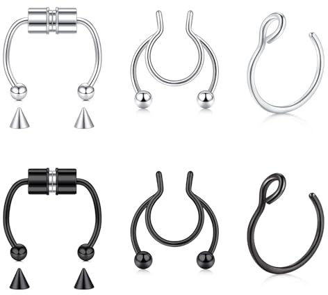 NIUSIMAN Fake Nasenpiercing Magnet Septum Piercing 6 Stück Nasenpiercing Fakes Ring Septum Clicker Nase Piercing Hoop Clip Auf Nasenring Nicht Piercing Faux Lip Ohr Septum Ring Piercing Nase Schmuck