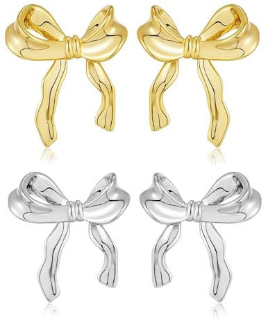 Aucuu Bow Earrings, 18K Ohrringe Gold Silber Schleifen Ohrringe, Schleifenohrringe S925 Silbernadel Silber + Gold 2 Paar