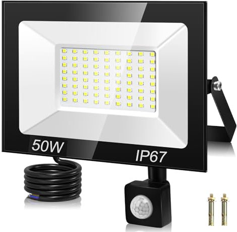 50W Projecteur Led Extérieur Detecteur de Mouvement, 5000LM 7000K Super Lumineux Spot Led Exterieur, 72 LED Blanc Froid Eclairage Exterieur Avec Detecteur IP67 Etanche pour Garage, Jardin, Patio