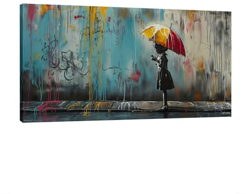 HNKDKJ Graffiti Street Art Banksy Leinwand-Wandkunst für Schlafzimmer Wohnzimmer gerahmte Bilder Mädchen mit Regenschirm blaues Giclée-Kunstwerk 55 x 110 cm/22 x 43 Zoll–Innenrahmen