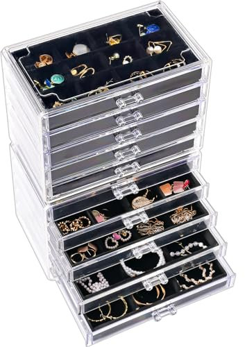 ProCase Acryl Schmuck Organizer Schmuckschatulle für Damen Durchsichtige Schmuckaufbewahrung Schmuckkästchen Schmuckbox mit 10 Schubladen für Ohrringe, Ringe, Armbänder -Schwarz