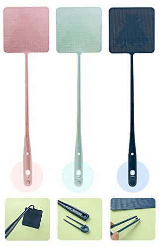 ECOESPTI Fliegenklatsche, 3 Stück, langer Griff, robuste Fliegenklatsche, langlebiger Kunststoff, Fliegenvernichter mit Pinzette, 3 Farben