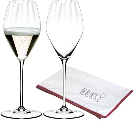RIEDEL Performance Champagner Weinglas 2er Set, 375 ml, Champagnergläser mit Optik, Kristallglas, inklusive Poliertuch Logo (50 x 64 cm)