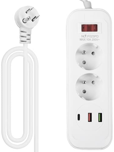 Multiprise avec Prise Multiple USB 2 Compartiments, Montage Mural avec 2 USB C (5V 2,4A) et câble 2M, Protection Contre Les surtensions (3680W 16A) multiprise avec Interrupteur pour Smartphones