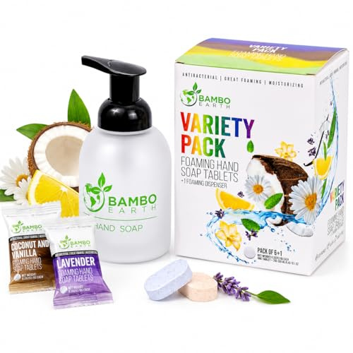 18 Pack Natural Foaming Hand Soap Tablets - Soft Moisturizing Handwash Tab Refills - 1 Tablet = 9 Oz Refillable Liquid Wash Foam Handsoap - Eco-Friendly Paper Softsoap Refill Tabs (Dispenser + 6 Tabs)