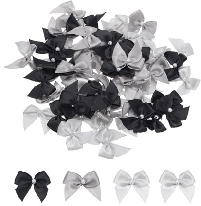 sourcing map 60Pcs Mini Black/Grey/Silver Ribbon Bow with Pearl 1 Ribbon Flowers Appliques for Craft DIY Hair Bow Sewing Wedding Party Christmas Decoration