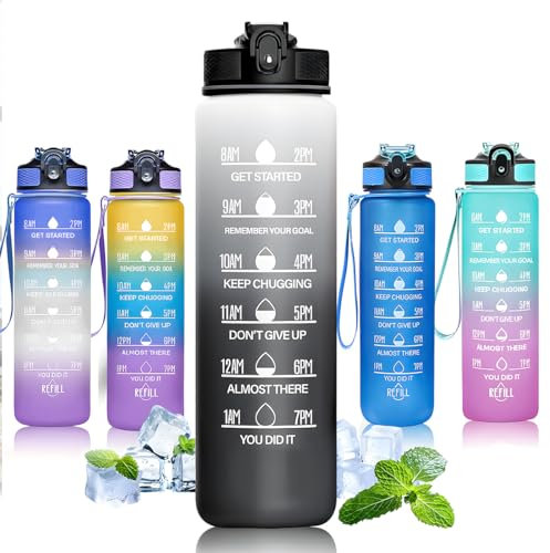 VegiMax 1L Sports Water Bottle with Straw Time markings, handle and Leakproof Design BPA-free Plastic water drink for Kids Boys Girls Hiking Gym Fitness Outdoor Cycling School & Office (White Gray)