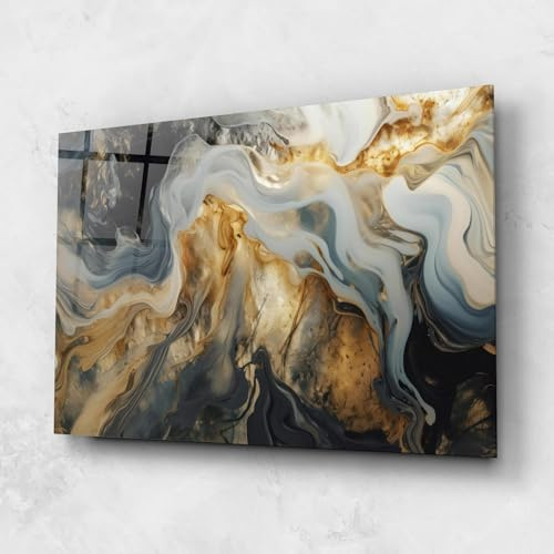 ARTHUB® Glasbild 80x120 cm, 4mm ESG | Moderne Wandbilder aus Glas für Wohnzimmer & Schlafzimmer, Wanddekoration, Wohnkultur, Abstrakte, Grey Gold Liquid Marble