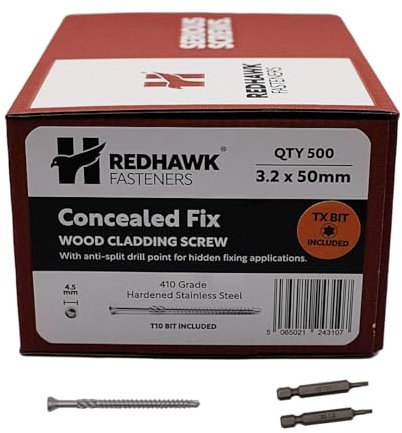 Redhawk Fasteners® Boîte de 500 vis pour revêtement de bois en acier inoxydable T-10 Torx 2 embouts inclus 3,2 x 50 mm