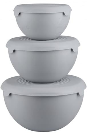 Practic 3-er Schüssel Set mit Deckel, Kunststoff, Küchenschüsseln: 1,5L, 3L und 6L, 100% Luftdicht, BPA-Frei, Spülmaschinengeeignet (Grau)