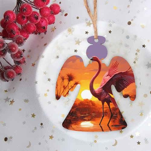 1 x Weihnachtsdekoration, Flamingo-Sonnenuntergang, Weihnachtsbaumschmuck-Set, Engelform, Holz, hängende Ornamente für drinnen und draußen, Urlaub, Weihnachtsfeierzubehör