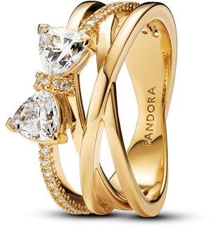 PANDORA Timeless Funkelnde Schleife & Überkreuztes Band Ring aus Sterling Silber mit vergoldeter Metalllegierung und Zirkonia, Größe: 58, 163511C01-58
