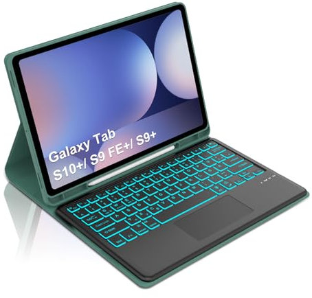 Occtingkind Für Samsung Galaxy Tab S10+ 12,4 Tastaturhülle mit 7-Farben LED & Trackpad – S10 Plus/S9 Plus/S9 FE Plus 12,4, Bluetooth QWERTZ Keyboard – SM-X820/X826/X810/X816/X610/X616, Smaragdgrün
