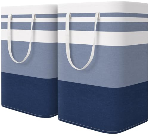 HomeHacks 2 Pack Large Laundry Baskets, Laundry Hampers Bags (Blue 75Lx2) | Waterproof, Freestanding, Collapsible Clothes Hamper with Reinforced Handles in Laundry Room, Dorm, Bathroom, Bedroom