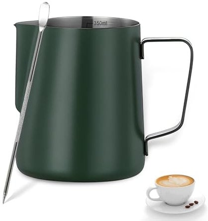 Jarra de Leche Acero Inoxidable,Tianher Jarra Leche Cafetera Barista Taza de Espumador con Marca de Medición y Lápiz Artístico para de Café de Mano y Latte Art Capuchino(Verde oscuro)