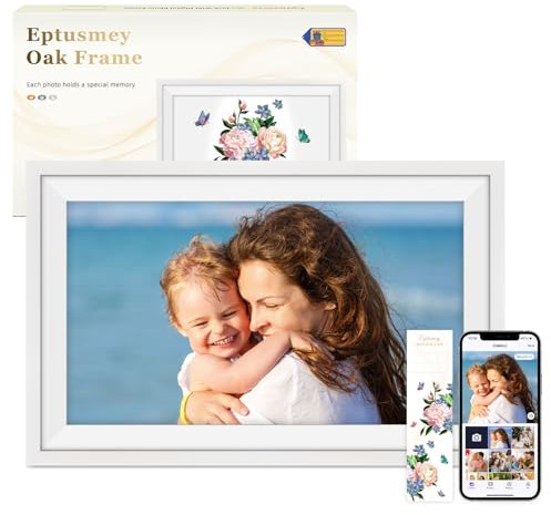 Eptusmey Digitaler Bilderrahmen WLAN 15,6 Zoll Groß Eichenholz Bilderrahmen 32GB 1920 × 1080 FHD IPS Touchscreen, Fotos/Videos Sofort über Uhale APP Teilen, Tolles Geschenk für Frauen und Männer