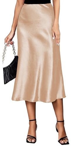 Koerye Gonna Donna Lunga Raso Estate Vita Alta Elegante Seta Elastica Casual Vintage Gonna Midi Avvolgente Skirt Cachi,XL
