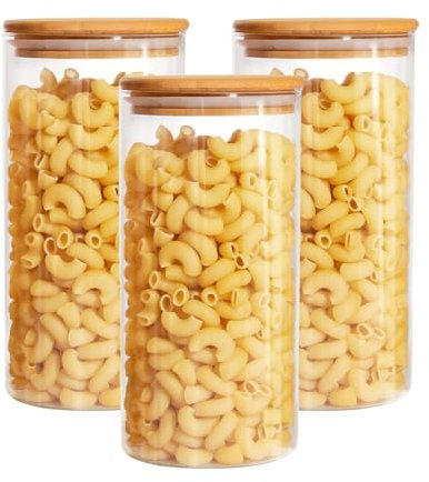 3 Set Glass Containers With Bamboo Lids, Glass Jars Set 1200ml, 40oz Spice Jars Food Cereal Storage Container for Home Kitchen Tea Herbs, Coffee Flour , Sugar, Herbs Grains, Candy, Snack and More 