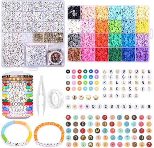 Naler Kit Perle Plate pour Bracelet 6457 pcs Perles Heishi avec Lettre | bracelet amitié,pour DIY Bijoux Femme Fille