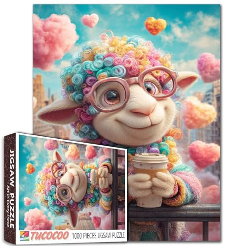 Tier-Puzzle, 1000 Teile, für Erwachsene, Familien (Schafe, blauer Himmel, rosa Liebeswolken, Kaffeetasse), passt perfekt zusammen, 50,8 x 68,9 cm, Balkonszene, magische Puzzle, Kunstidee, Geschenk