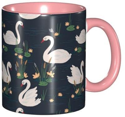 Hzhuaoeg Beautiful White Swans On The Lake 11 Oz Coffee Mug, Ceramic Mug Tea Cup with Handle for Office and Home Hot Drinks Tea and Coffee Pink