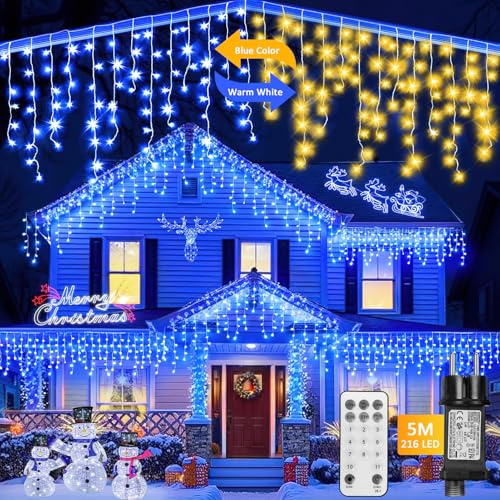 Auniq Eisregen Lichterkette Außen mit Fernbedienung, 5M 216 LED Eisregen Lichtervorhang Weihnachtsbeleuchtung 11 Modi Eiszapfen Lichterkette mit 5m Kabel für Balkon Fenster Traufe (Blau und Warme)