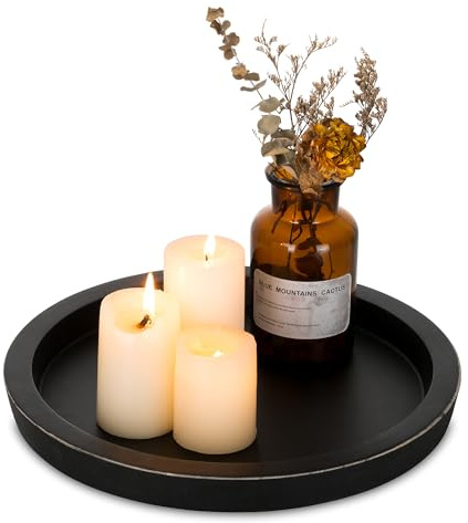 Hanobe Round Wood Candle Holder Tray, Black Coffee Table Centerpiece Decor | Rustic Decorative Candlestick Plates for Kitchen Counter, Farmhouse Living Room Decor