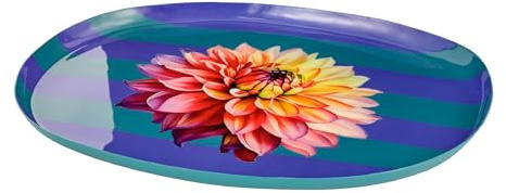 Baroni Home Vassoio da portata con fiore decorativo, Vassoio in metallo, Centrotavola, Svuotatasche, Interno o Esterno Vassoio Ovale Fiore Arancione, 30x23x2 cm