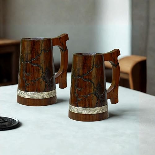 India House Holzkrug für Bier im Lichtenberg-Stil, 20 oz, Holzbierkrug mit Henkel, Krug aus natürlichem Hartholz – Hochzeits- und Geburtstagsgeschenk für ihn (2er-Set Holzbierkrüge aus Lichtenberg)