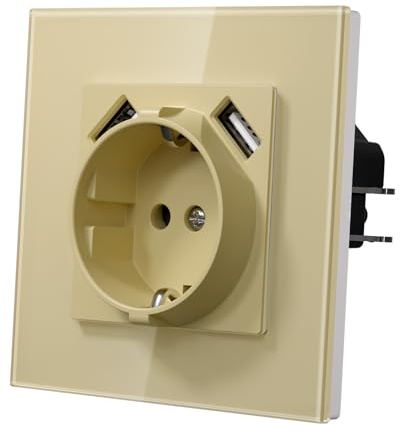 MVAVA Steckdose mit USB, Schuko Steckdose Unterputz EU-Standard, 86mm x 86mm Unterputz Steckdosen mit Glasrahmen, Einfache Installation, Gold