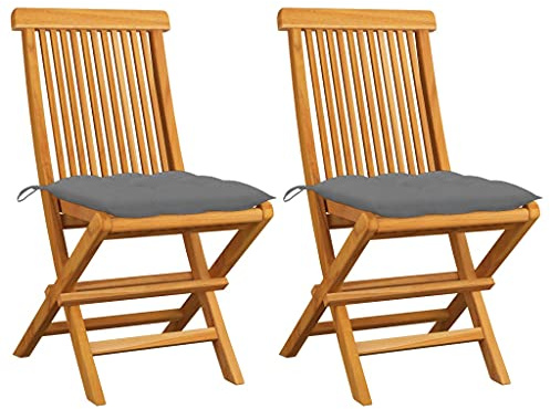 HaoChrymec Gartenstühle mit Grauen Kissen 2 STK. aus Massivholz Teak, Klappbar, Garten Möbel Set, Relaxsessel Garten, Balkon Stuhl, 47 x 60 x 89 cm
