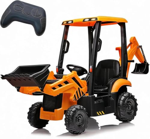 12V Tracteur Électrique pour Enfants avec Klaxon, Télécommande 2,4g, 4 en 1 Excavatrice Électrique avec Pelle, Bulldozer, Plafond Amovible, 2-4Km/h pour Enfants De 3 Ans+ (Jaune)