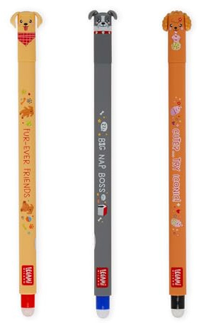 Legami - Set di 3 Penne Gel Cancellabili Fur-ever Friends, Penne con Inchiostro Cancellabile Termosensibile, Nero, Blu, Rosso, Cancella Senza Consumare il Foglio, Punta 0,7 mm
