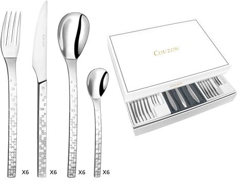 COUZON - Ménagère 24 couverts de table en coffret pour 6 personnes - Pix'Elle 3D - Acier inoxydable 18/10, Finition Miroir, Epaisseur 2.5 mm - Inox