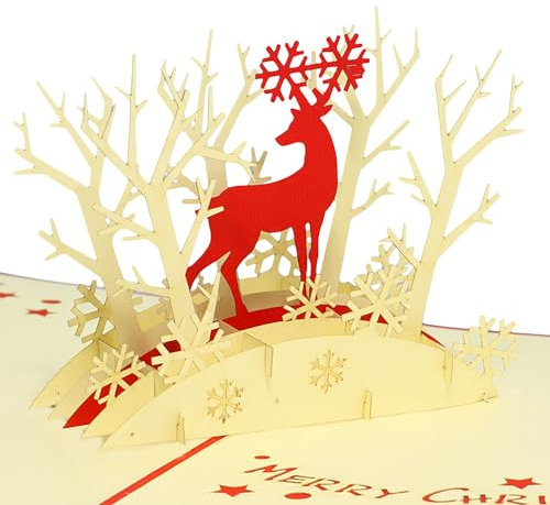 LINPopUp®, LIN17081, POP-UP Karte Weihnachtskarten 3D Grußkarte, Weihnacht Rentier im Wald, N417