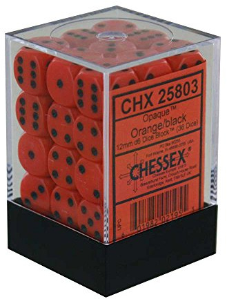 Chessex Opaque 12mm d6 with pips Dice Blocks (36 Dice) - Orange w/Black