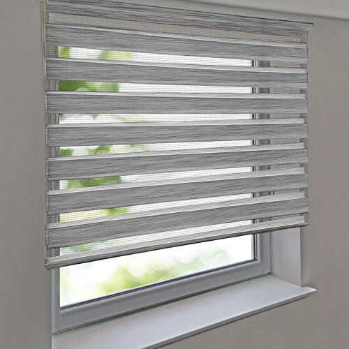 Doppelrollo Premium 60 x 180 cm Leinen-Struktur grau - Duorollo Vario Seitenzug zum Anschrauben freihängend für Wandmontage und Deckenmontage - inkl. Metallträger