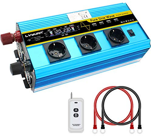 Cantonape Inversor de Corriente 12v 230v Onda Pura 2500w/5000w Pantalla LCD inversor Onda Pura Transformador con Mando a Distancia y 4 Puertos USB 3 Tomas