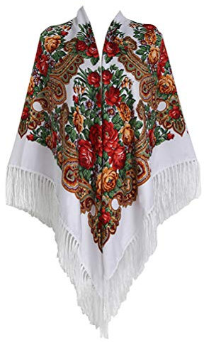 Gudessly Damenschal, übergroß, traditioneller Retro-Schal, Wickeltuch, mit Quasten/Fransen, Blumen-Poncho, bedruckt, 157,5 x 157,5 cm, Weiss/opulenter Garten, 62*62inch