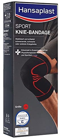 Hansaplast Sport Knie-Bandage, Kniebandage stabilisiert und unterstützt das Gelenk, Bandage mit Patella-Einlage hilft die Kniescheibe zu entlasten, Größe L/XL