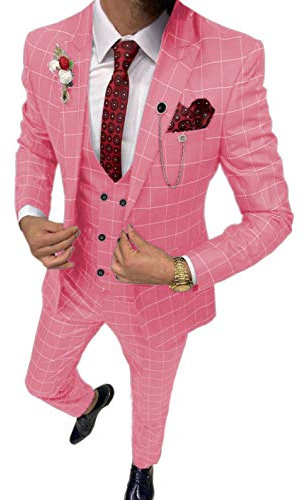 Costume 3 pièces pour homme - Blazer à carreaux - Coupe ajustée - Pour mariage - Pour garçons d'honneur (blazer + gilet + pantalon), rose, 38