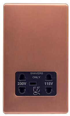 Lieber Brushed Copper Shaver Socket 230/115V Plate - Black Insert Screwless for Bathroom