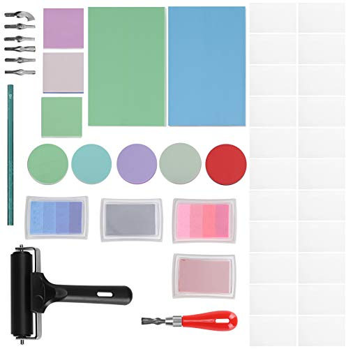 Rubber Carving Kit with Iron Roller, Rubber Block, Ink Pad, Parchment, Carving Tool, Pencil for Printmaking, Sculpting, Stamping