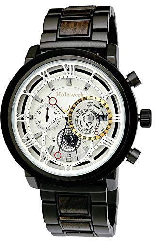 Holzwerk Germany Handgefertigte Designer Herren-Uhr Öko Natur Holz-Uhr Chronograph Armband-Uhr Analog Quarz-Uhr Braun Schwarz Römische Ziffern Datum Holz Ziffernblatt (Silber)