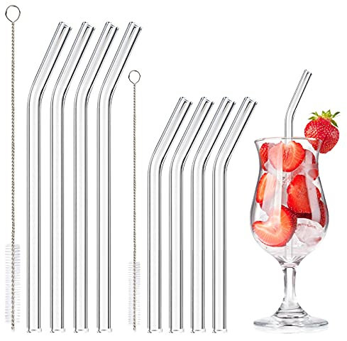 Lot de 8 Pailles en Verre Réutilisables - 4 de 20 cm et 4 de 15 cm, Incurvées, Transparentes avec 2 Brosses de Nettoyage pour Cocktails, Smoothies et Jus