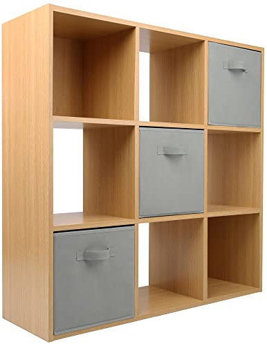Charles Jacobs Oak 9 Cube Storage Shelving Unit + 3 Grey Fabric Drawers