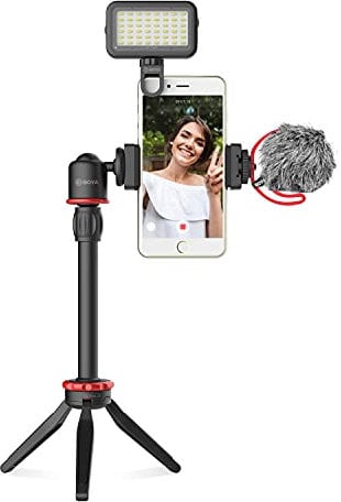 Walimex pro BOYA - Kit de vídeo para smartphone VG350, estabilizador de vídeo, con micrófono, mini luz LED, trípode de trípode, soporte universal para smartphone y protección contra el viento, kit de