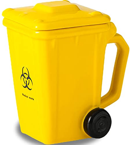 Lustiger Mülleimer Becher, Papierkorb Tasse Porzellan Kaffeetasse mit Henkel Deckel, Neuheit Mülltonne Keramikbecher, Porzellan Teetasse Wasser, Trinkbecher, Milchbecher, Geschenke Tasse, 400ML (Gelb)