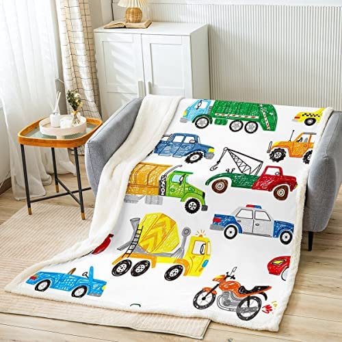 Sunnybed Bunte Bettdecke 130X150 Niedliche Kinder Handgezeichnete Doodle Truck Auto Transport Decke,Graffiti Polizist Motorrad Fahrzeuge Fleece Decke Motorrad Kran Sherpa Decke Auto Bett Dekor