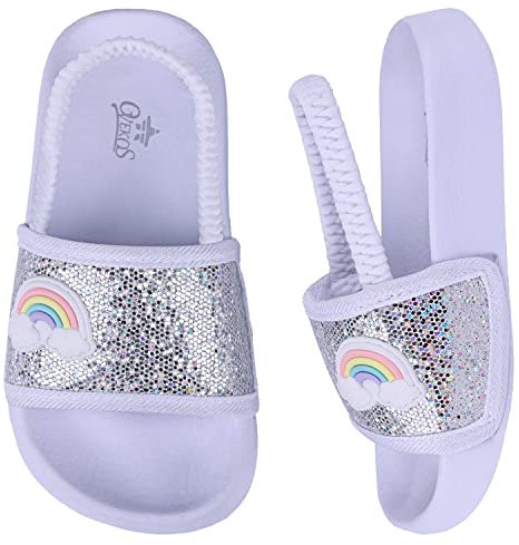 Youecci Sandales pour Filles été Enfants Plage Piscine Pantoufles Plat Antidérapant Douche Pantoufles Blanc Arc-en-ciel 22 EU